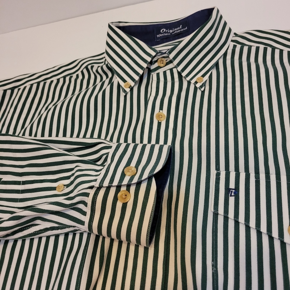 Tony Lama, Green/White Stripe Shirt, Long Sleeve, Size M‎